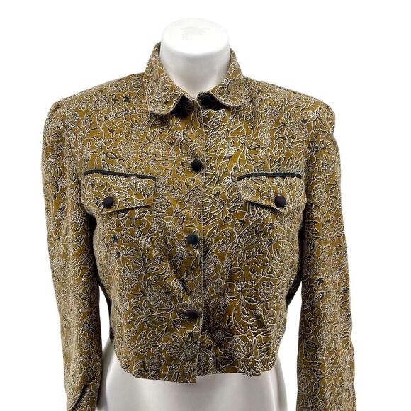 Vintage Olive Green Cropped Shirt Jacket M Floral Paisley Button Front Light - Picture 16 of 16